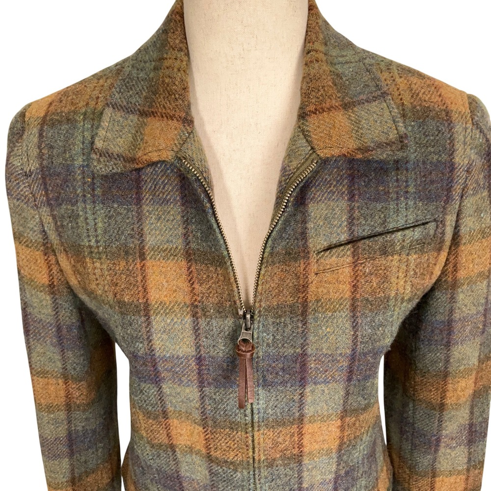 Lauren Ralph Lauren Jacket Women 4 Green Multi Plaid Country Equestrian Zip Wool